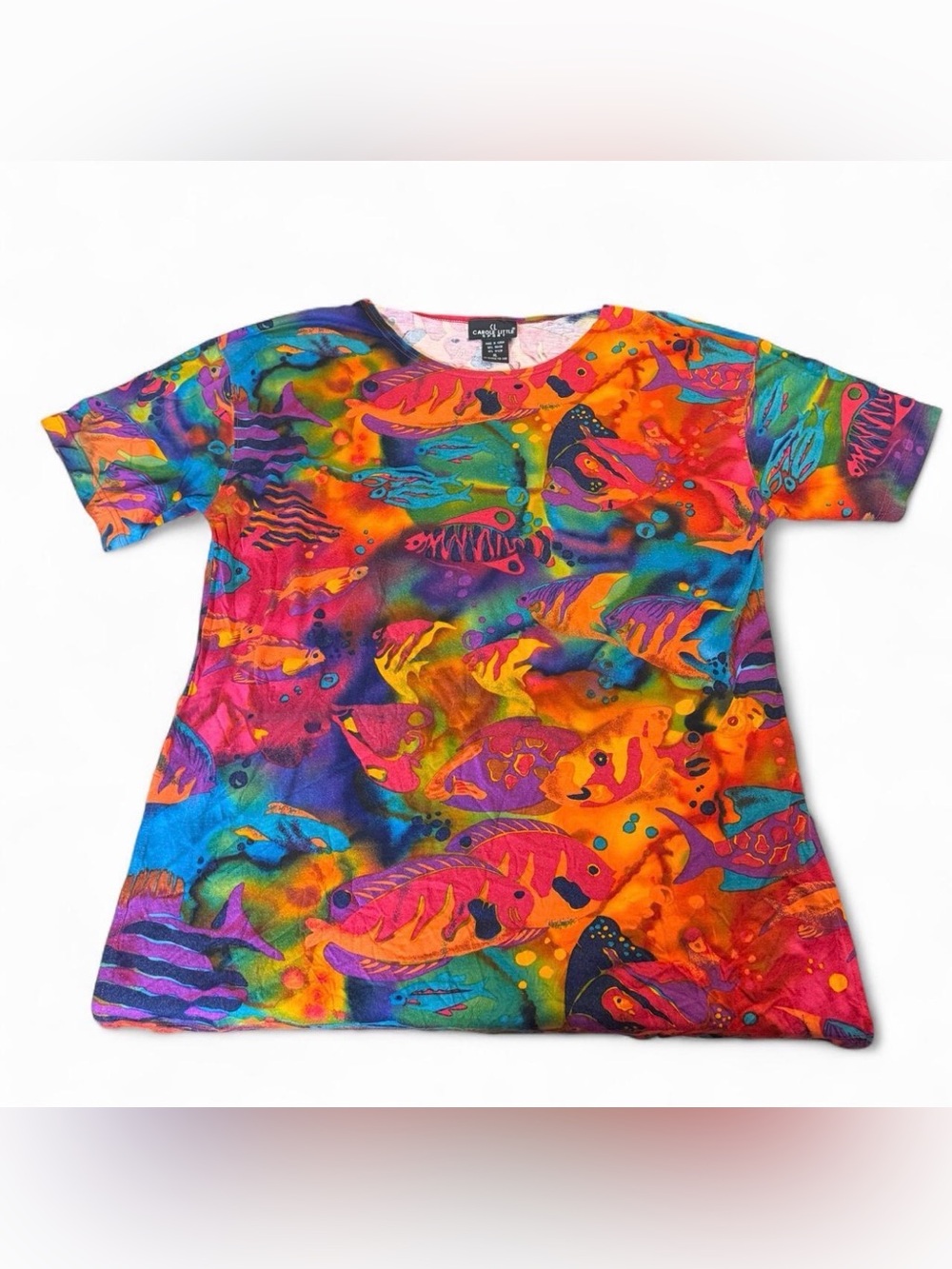 Vintage Carole Little Sport All Over Print Fish Graphic Tee Top XL Rainbow